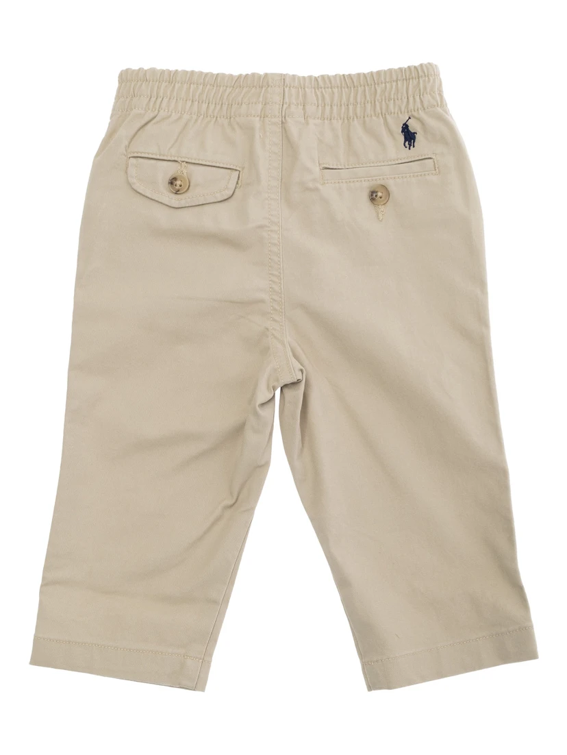 Beige Pants with Elastic Waist and Pony Embroidery on the Rear in Cotton Baby