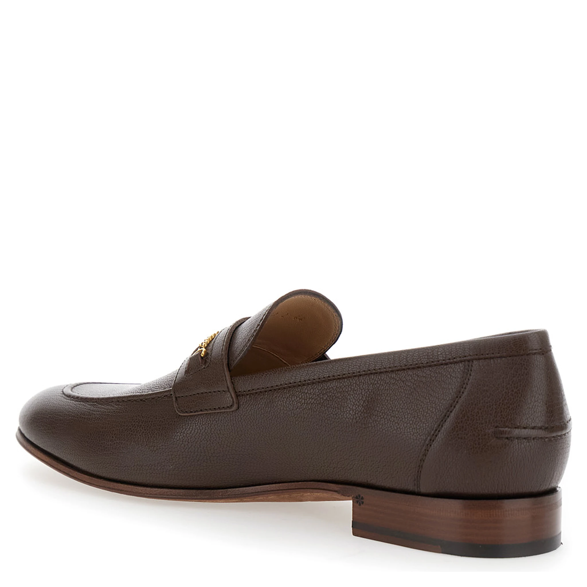 Brown Loafers with Decorative VLogo Chain-Link Strap in Leather Man