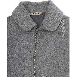 Grey Coat with Collar and Logo Embroidery on the Front in Wool Blend Girl