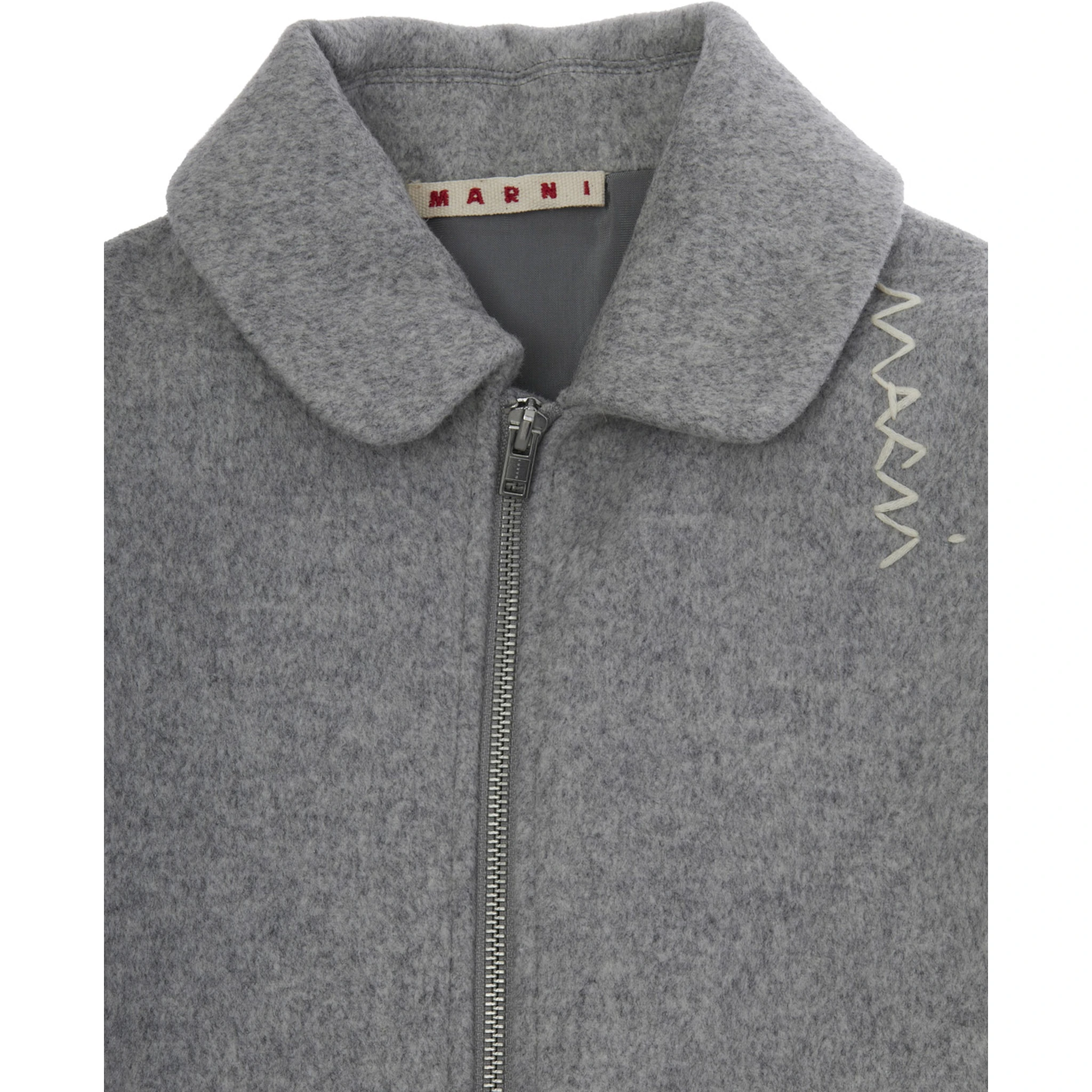 Grey Coat with Collar and Logo Embroidery on the Front in Wool Blend Girl