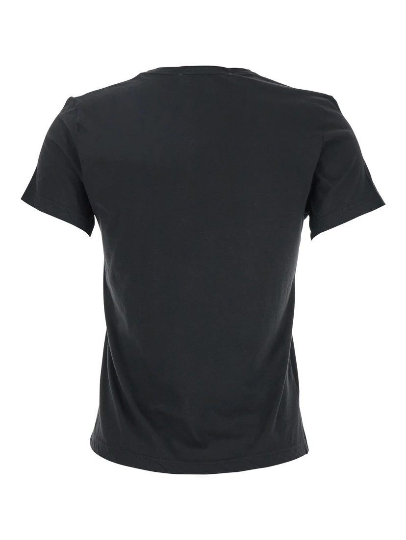 Black T-shirt with Wide V-Neck and Short Sleeves in Cotton Woman