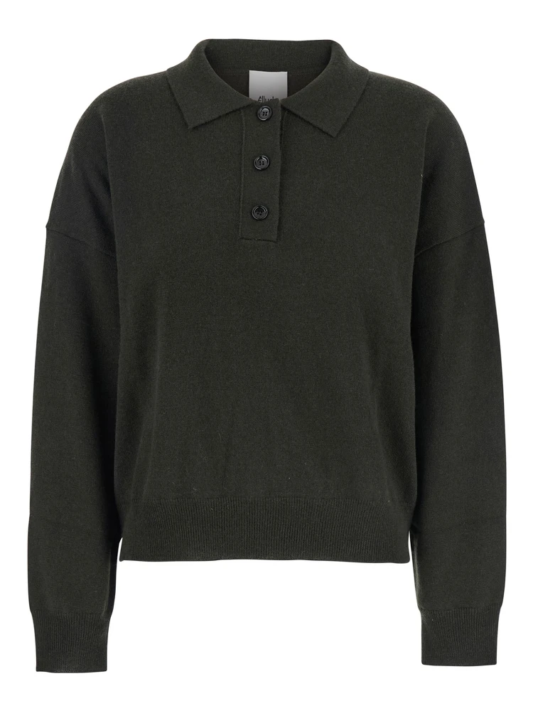 Green Polo Shirt with Classic Collar and Ribbed Trims in Wool Woman