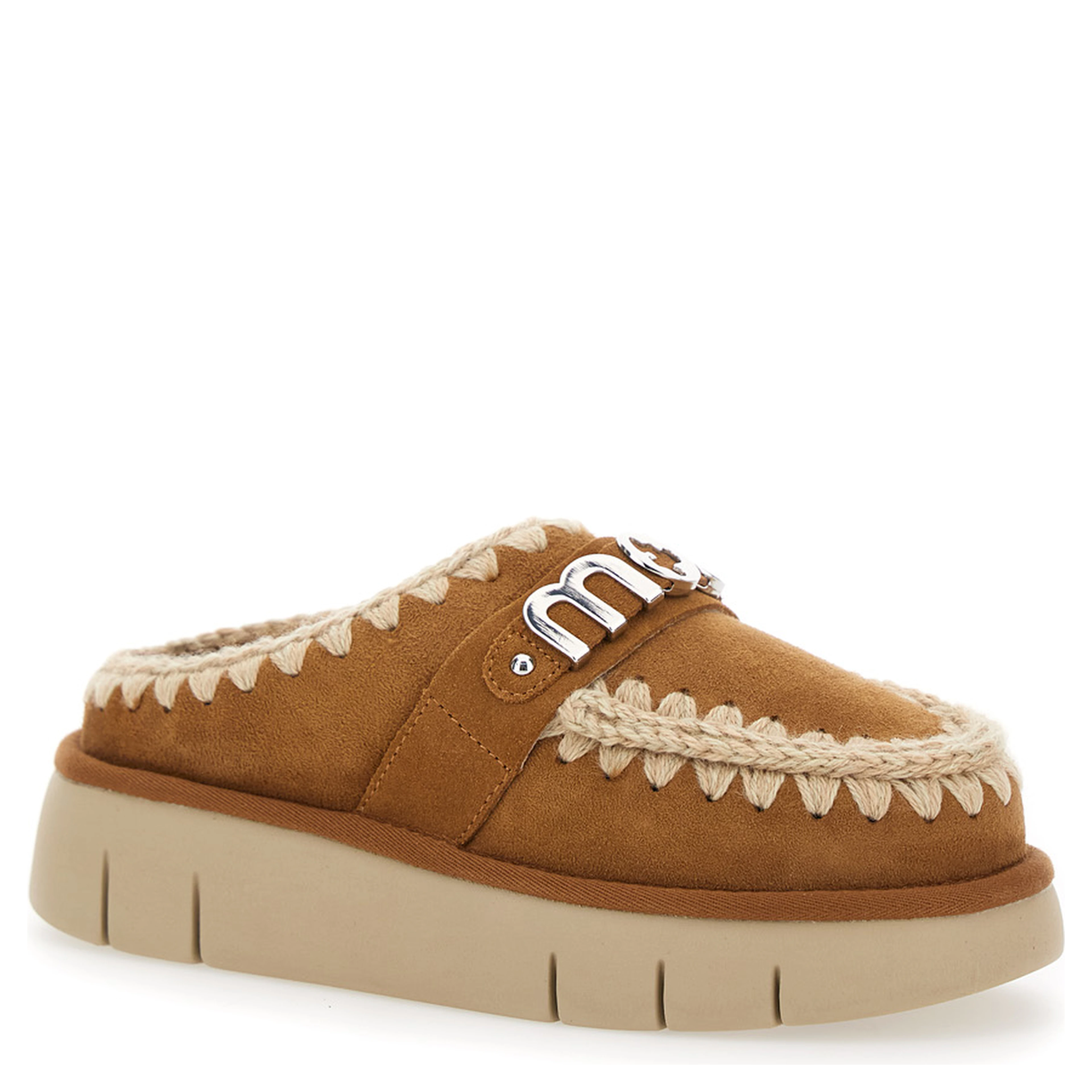 Bounce Beige Mules with Logo Lettering and Open Rear in Leather Woman