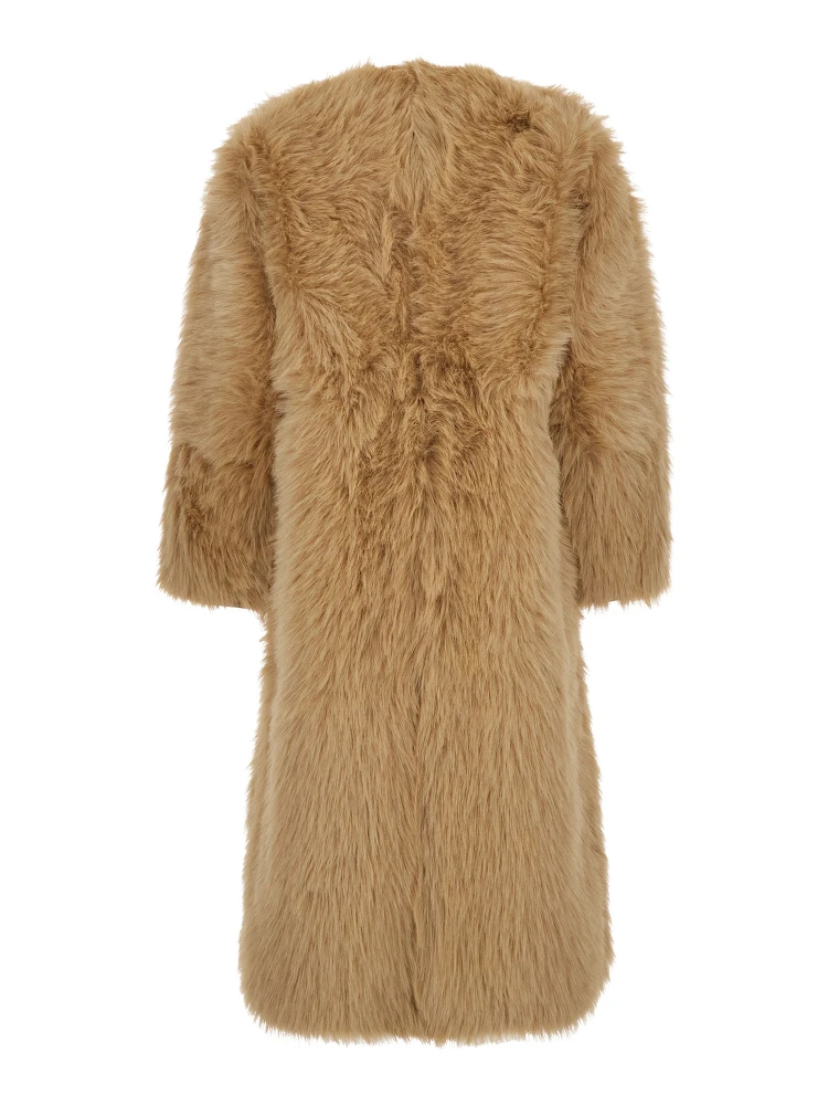 Beige Shearling Coat with Round Neck and Front Closure in Faux Fur Woman alternative