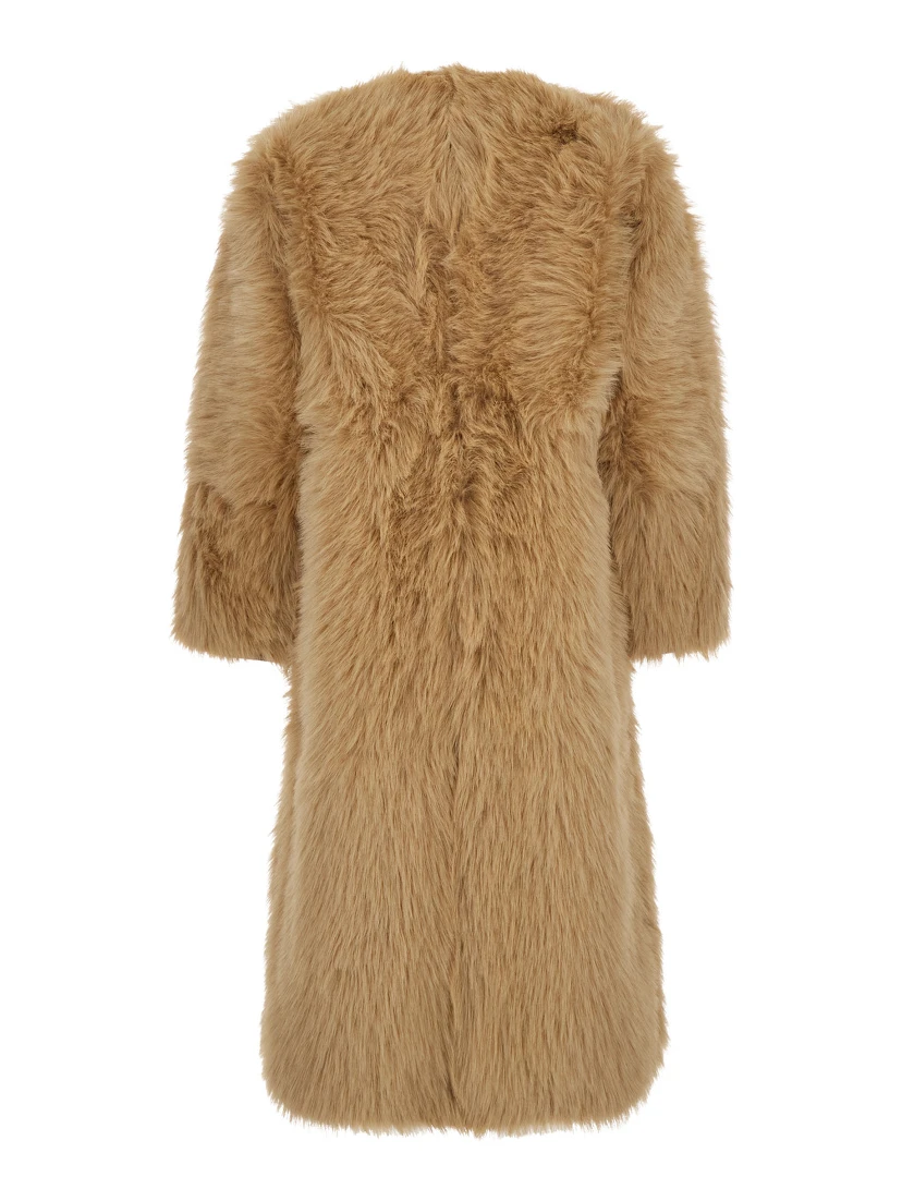 Beige Shearling Coat with Round Neck and Front Closure in Faux Fur Woman
