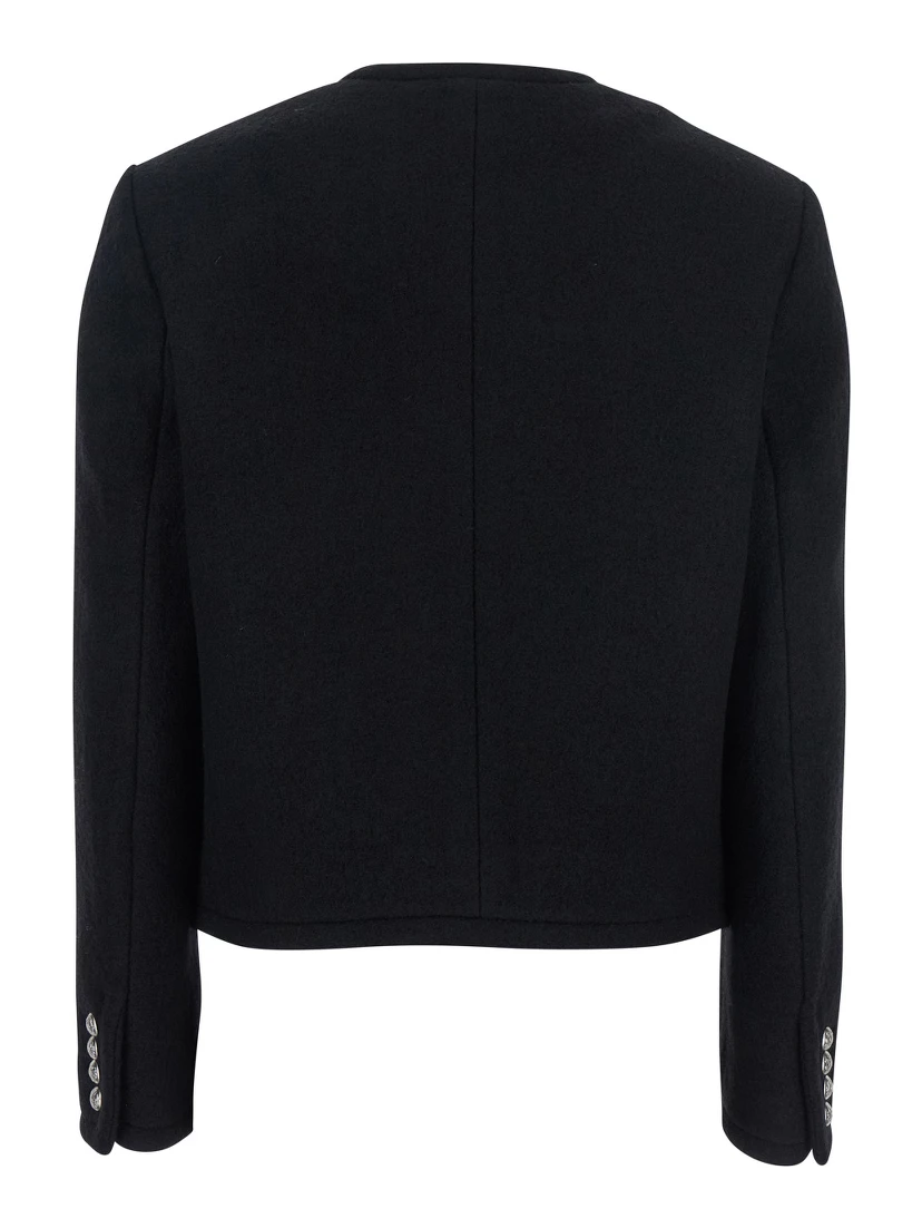 Black Jacket with Button Closure and Front Pockets in Tweed Woman