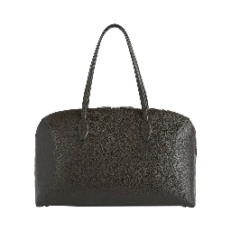 Brown Shoulder Bag with Two Top Handles and Embossed Logo Lettering on the Front in Grained Leather Woman
