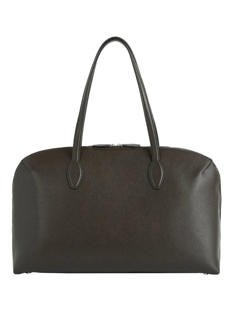 Brown Shoulder Bag with Two Top Handles and Embossed Logo Lettering on the Front in Grained Leather Woman alternative