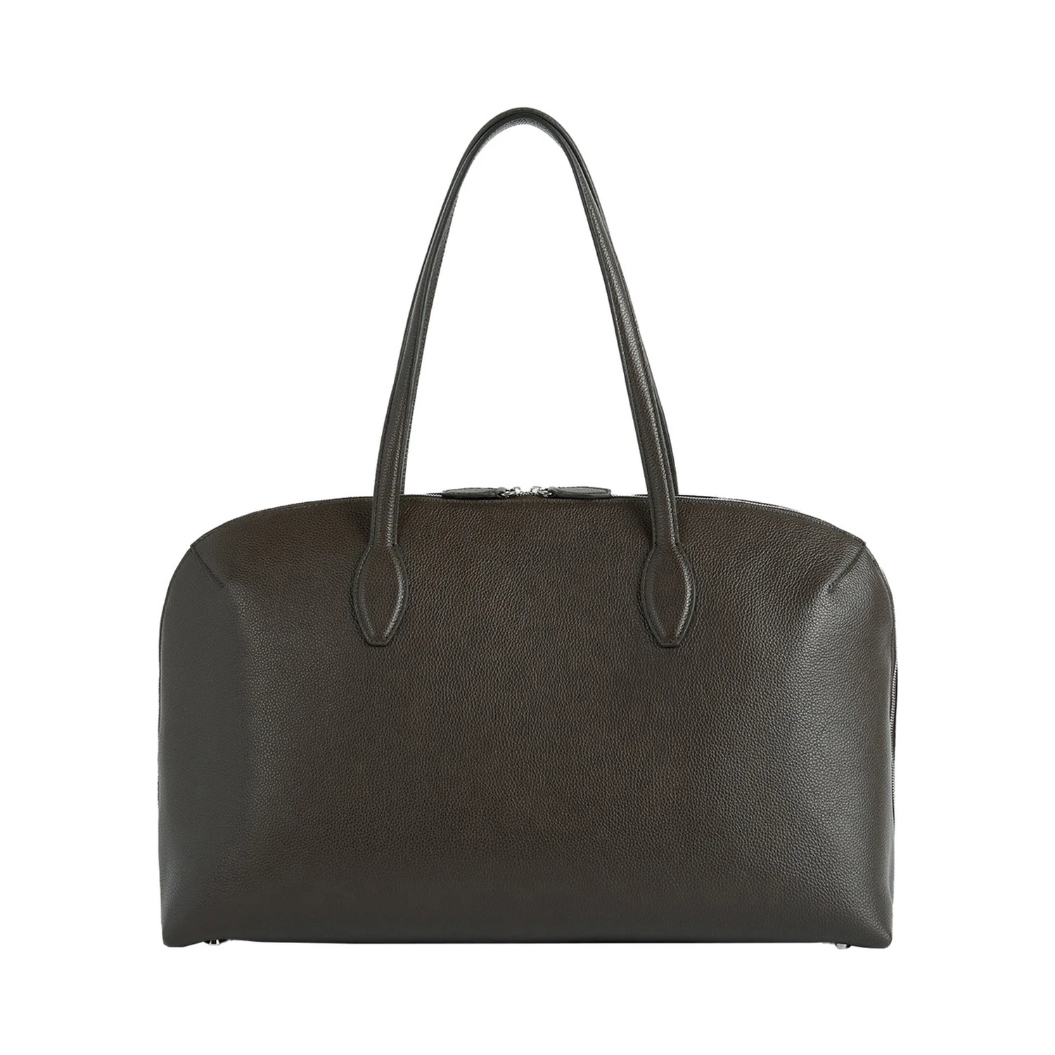 Brown Shoulder Bag with Two Top Handles and Embossed Logo Lettering on the Front in Grained Leather Woman