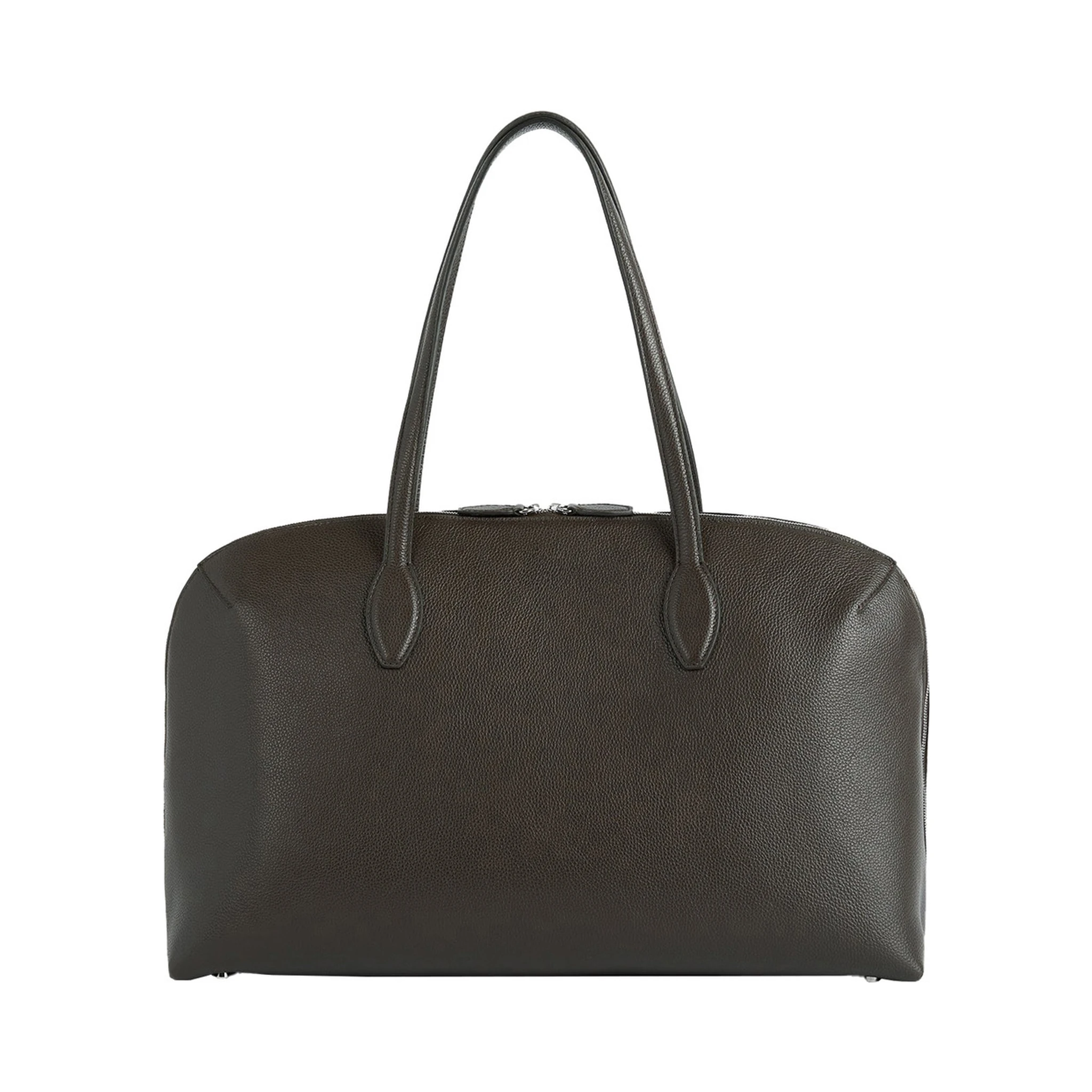 Brown Shoulder Bag with Two Top Handles and Embossed Logo Lettering on the Front in Grained Leather Woman