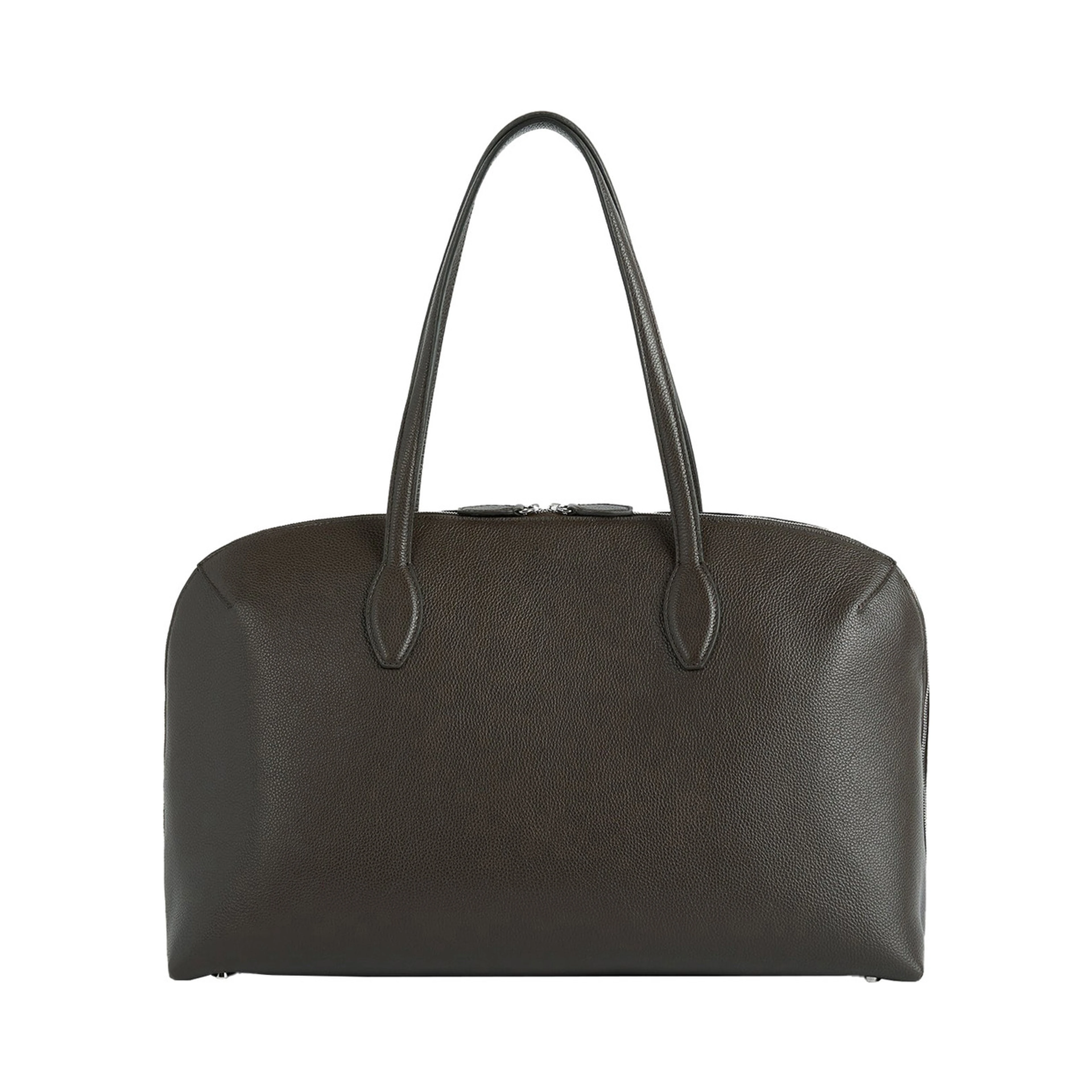 Brown Shoulder Bag with Two Top Handles and Embossed Logo Lettering on the Front in Grained Leather Woman