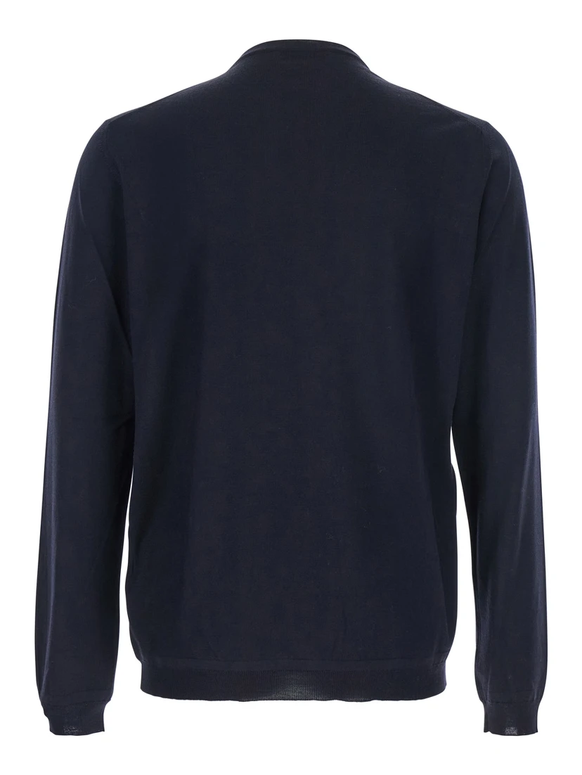 Blue Crewneck Sweater with Ribbed Trims in Wool Man