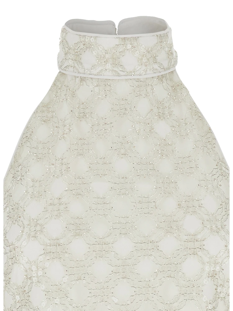 White Sequinned Sleeveless Halterneck Dress in Tech Fabric Woman alternative