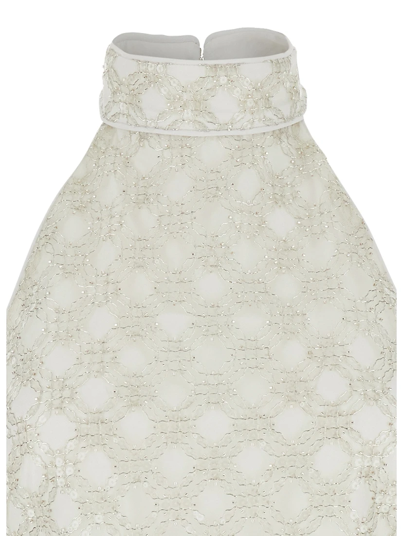 White Sequinned Sleeveless Halterneck Dress in Tech Fabric Woman