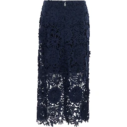 Blue Skirt with Semi Transparent Design and Floral Decorations in Fabric Woman