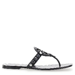 Black Thong Sandals with Logo on the Front and Stud Embellishments in Leather Woman