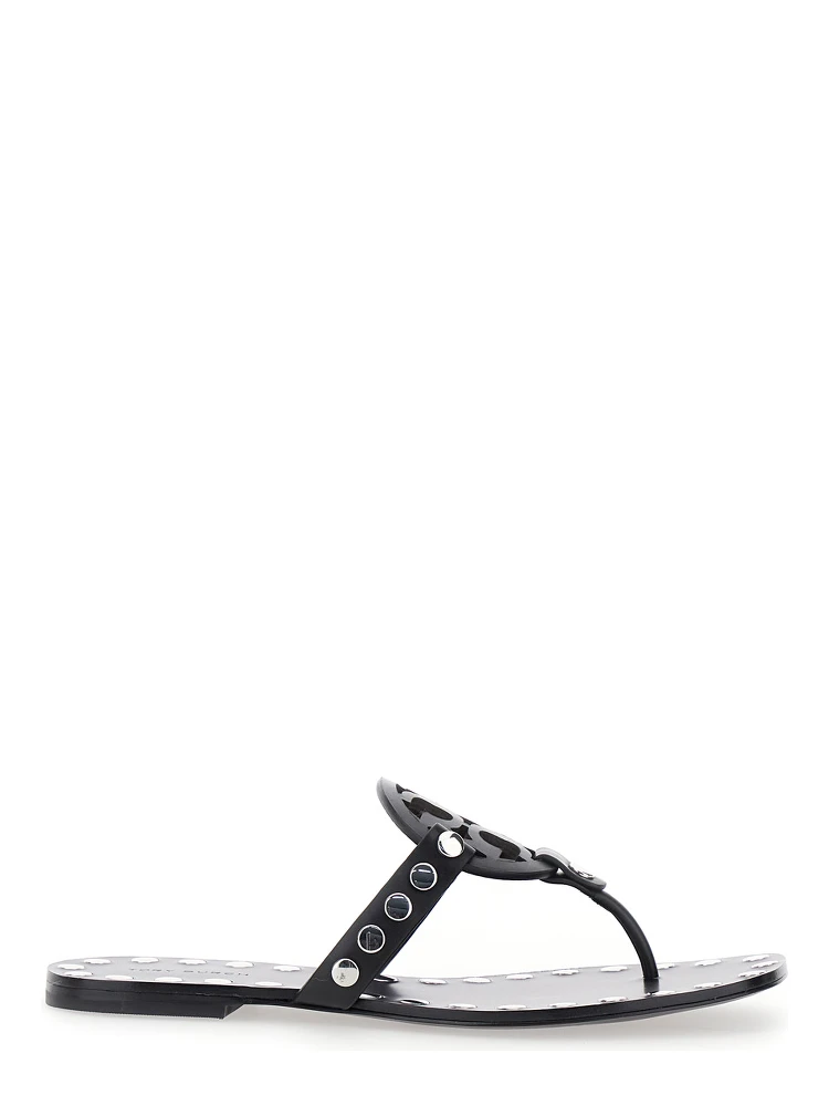 Black Thong Sandals with Logo on the Front and Stud Embellishments in Leather Woman