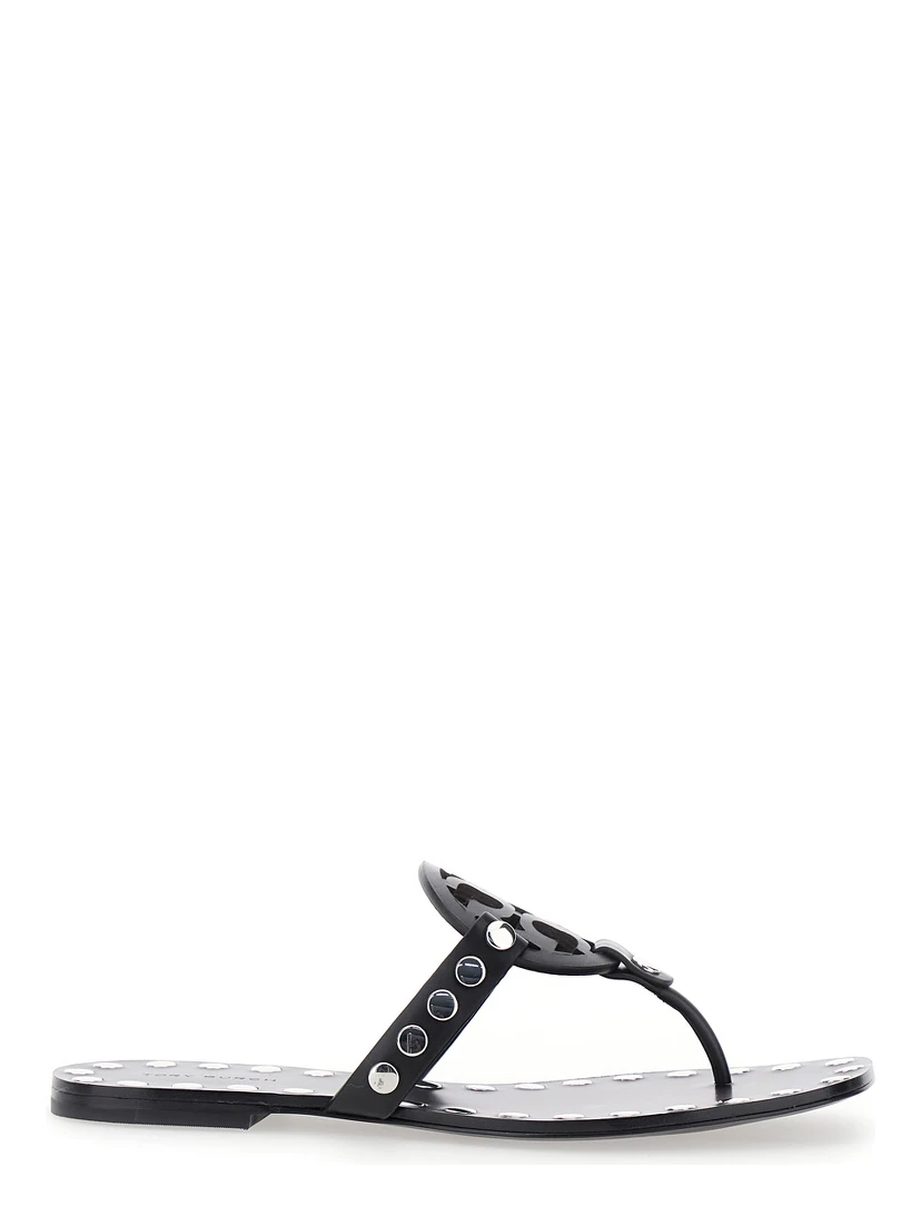 Black Thong Sandals with Logo on the Front and Stud Embellishments in Leather Woman