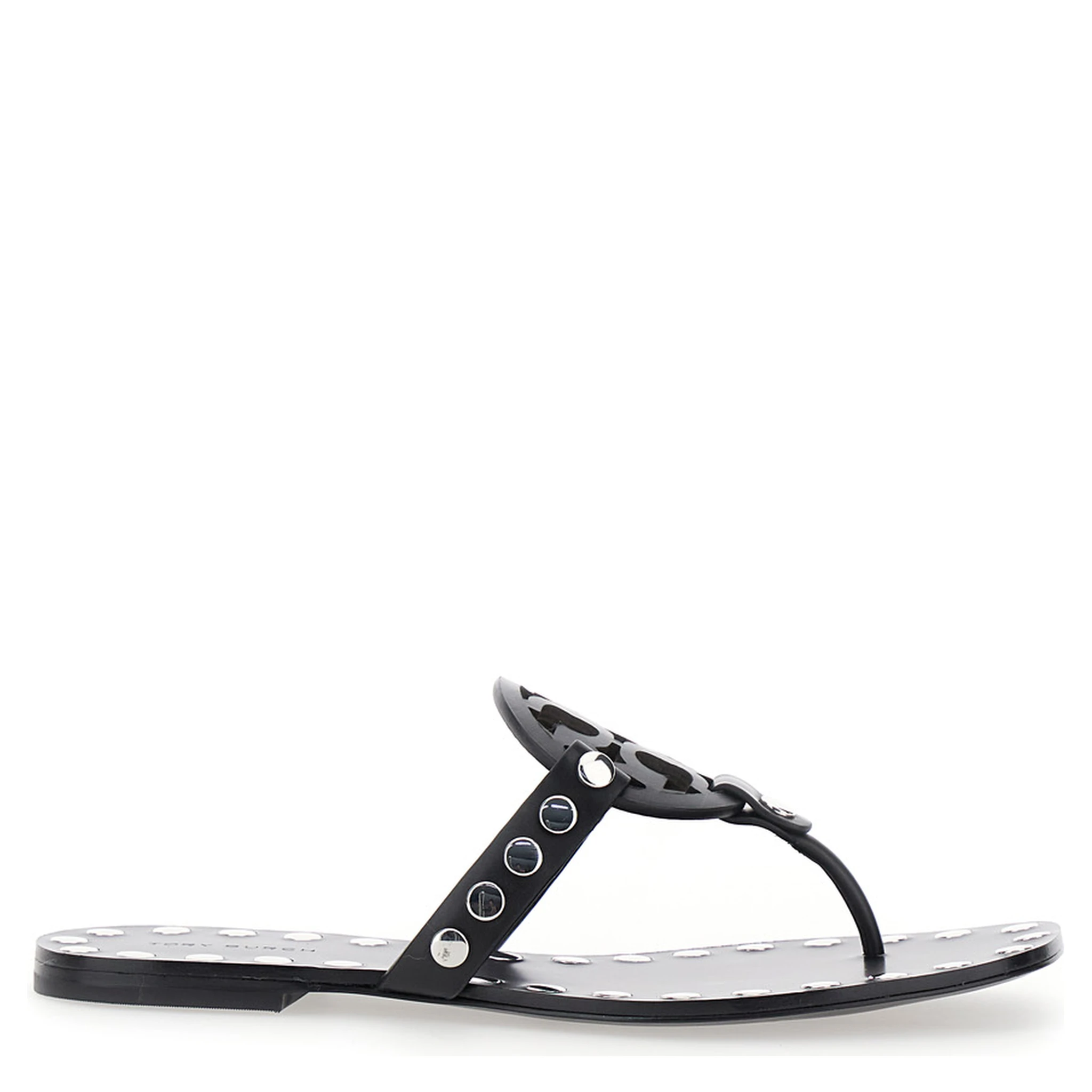 Black Thong Sandals with Logo on the Front and Stud Embellishments in Leather Woman