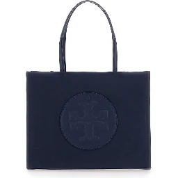 Ella Blue Small Tote Bag with Two Top Handles and Embossed Maxi Logo on the Front in Fabric Woman