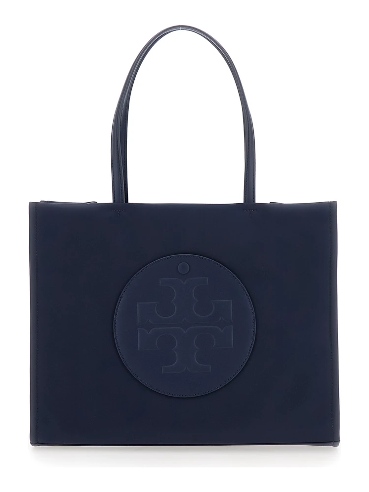 Ella Blue Small Tote Bag with Two Top Handles and Embossed Maxi Logo on the Front in Fabric Woman