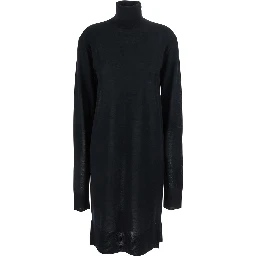 Black Turtleneck Dress with Side Slits in Wool and Silk Blend Woman