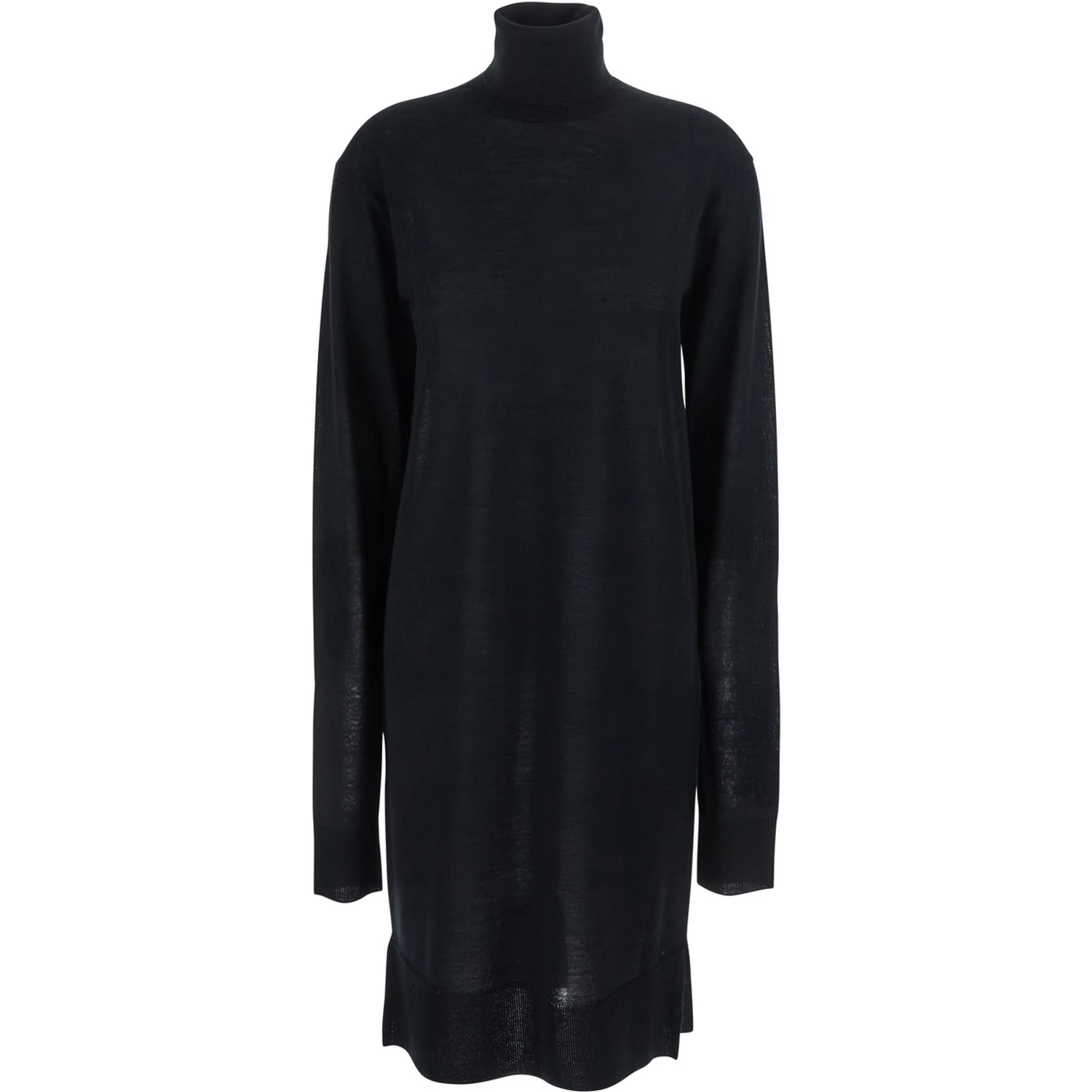 Black Turtleneck Dress with Side Slits in Wool and Silk Blend Woman