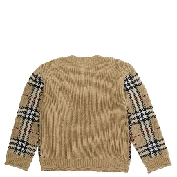 Beige Jumper with Check Pattern on the Front in Wool Boy