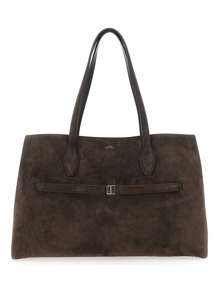 Lounge Brown Tote Bag with Belt and Embossed Logo Lettering on the Front in Suede Woman