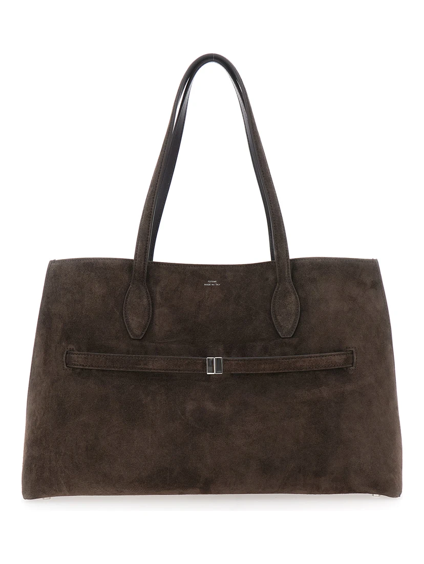 Lounge Brown Tote Bag with Belt and Embossed Logo Lettering on the Front in Suede Woman