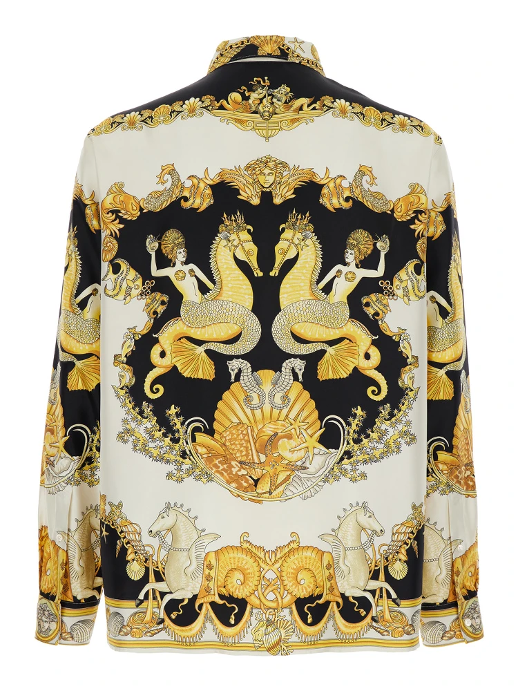 Coral Teater White Shirt with Classic Collar and All-Over Print in Silk Man alternative