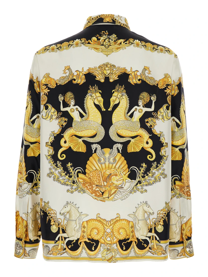 Coral Teater White Shirt with Classic Collar and All-Over Print in Silk Man