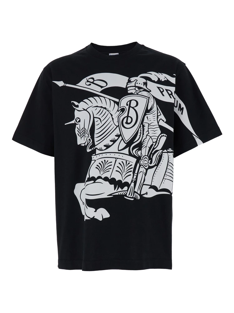 Black T-Shirt with Contrasting Equestrian Knight Print in Cotton Man