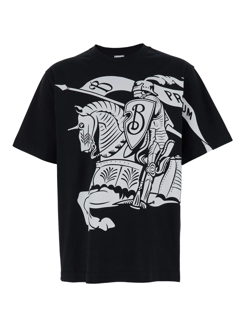 Black T-Shirt with Contrasting Equestrian Knight Print in Cotton Man