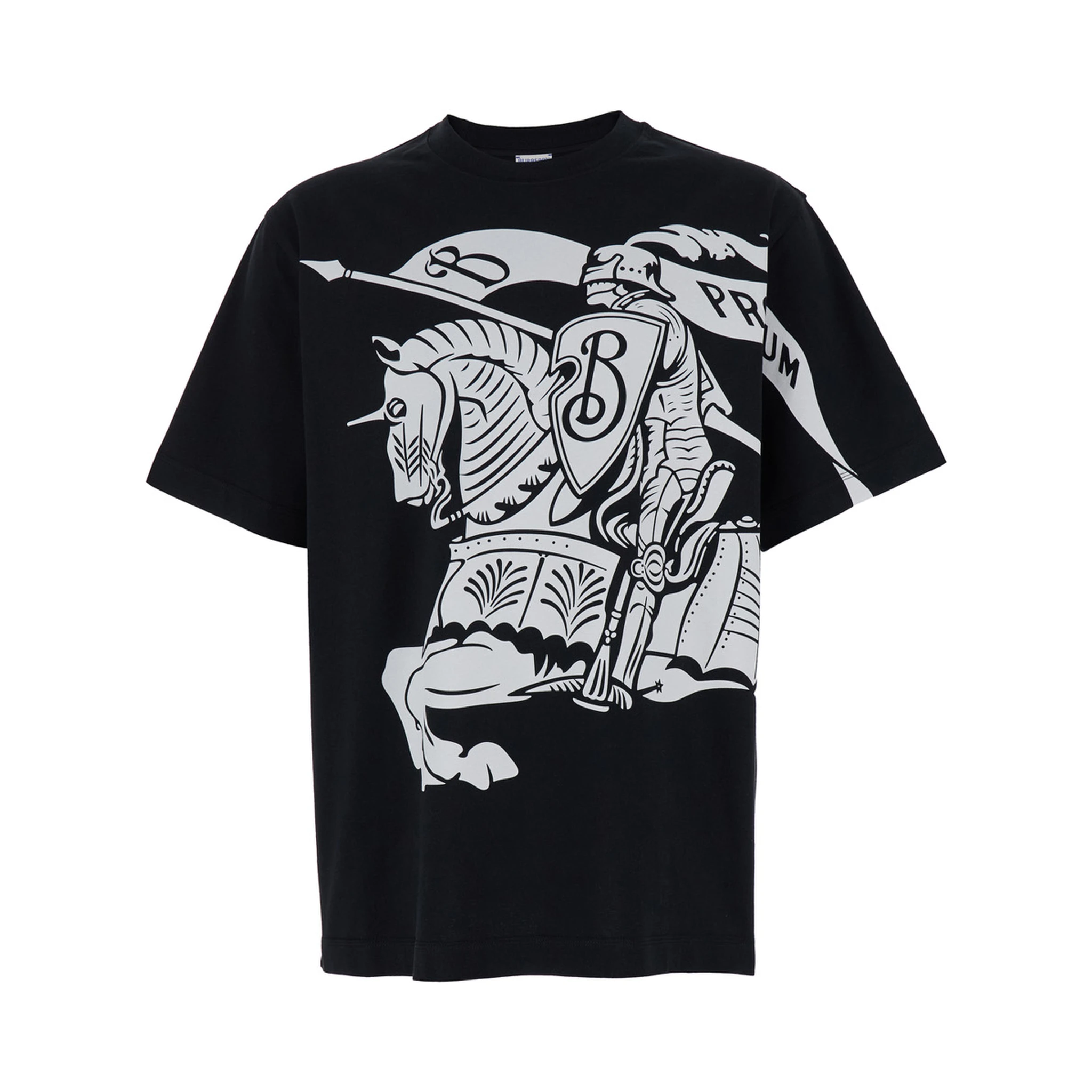 Black T-Shirt with Contrasting Equestrian Knight Print in Cotton Man