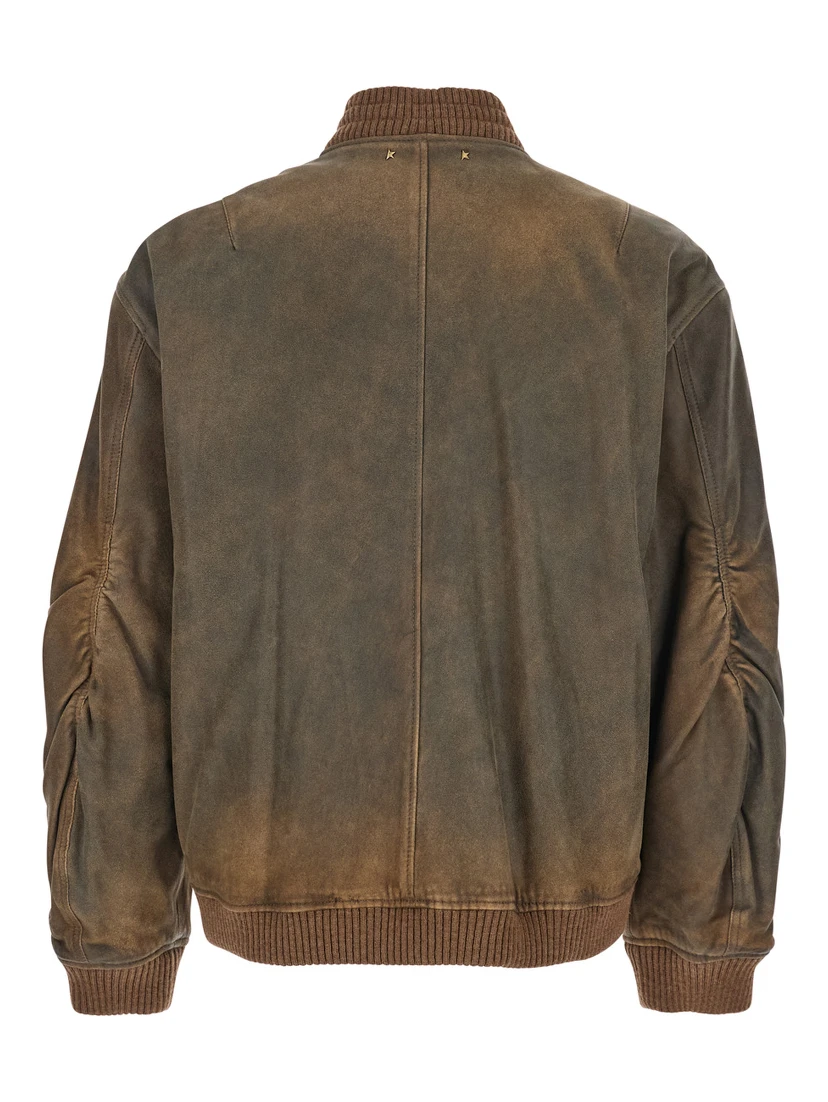 Brown Jacket with Sleeve Pocket and Distressed Effects in Leather Man