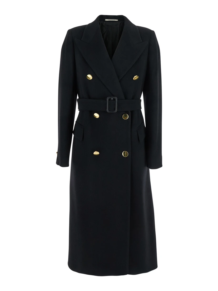 Jole Black Double-Breasted Coat with Golden Buttons in Wool Blend Woman