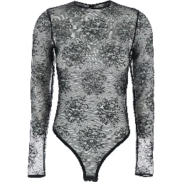 Black Bodysuit with All-Over Floral Embroidery and Semi-Sheer Design in Stretch Tech Fabric Woman