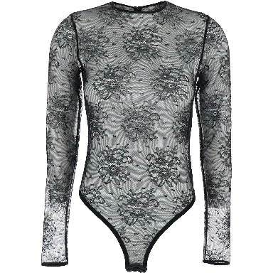 Black Bodysuit with All-Over Floral Embroidery and Semi-Sheer Design in Stretch Tech Fabric Woman