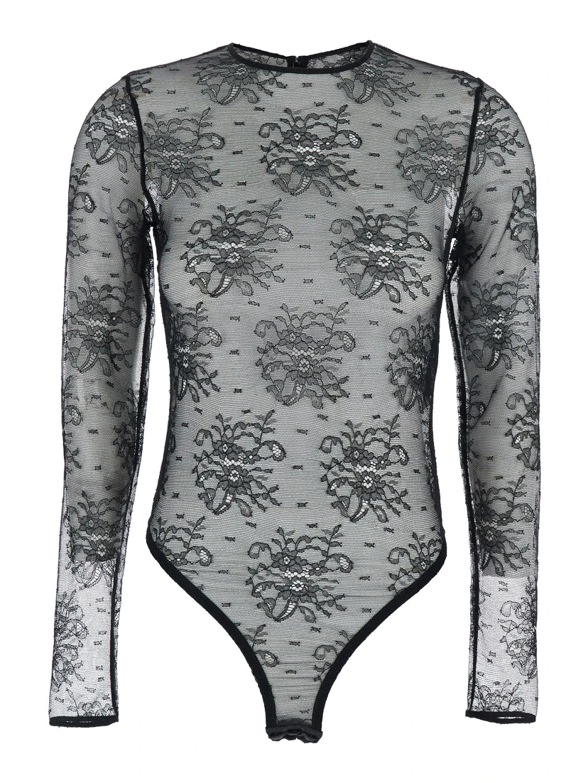 Black Bodysuit with All-Over Floral Embroidery and Semi-Sheer Design in Stretch Tech Fabric Woman