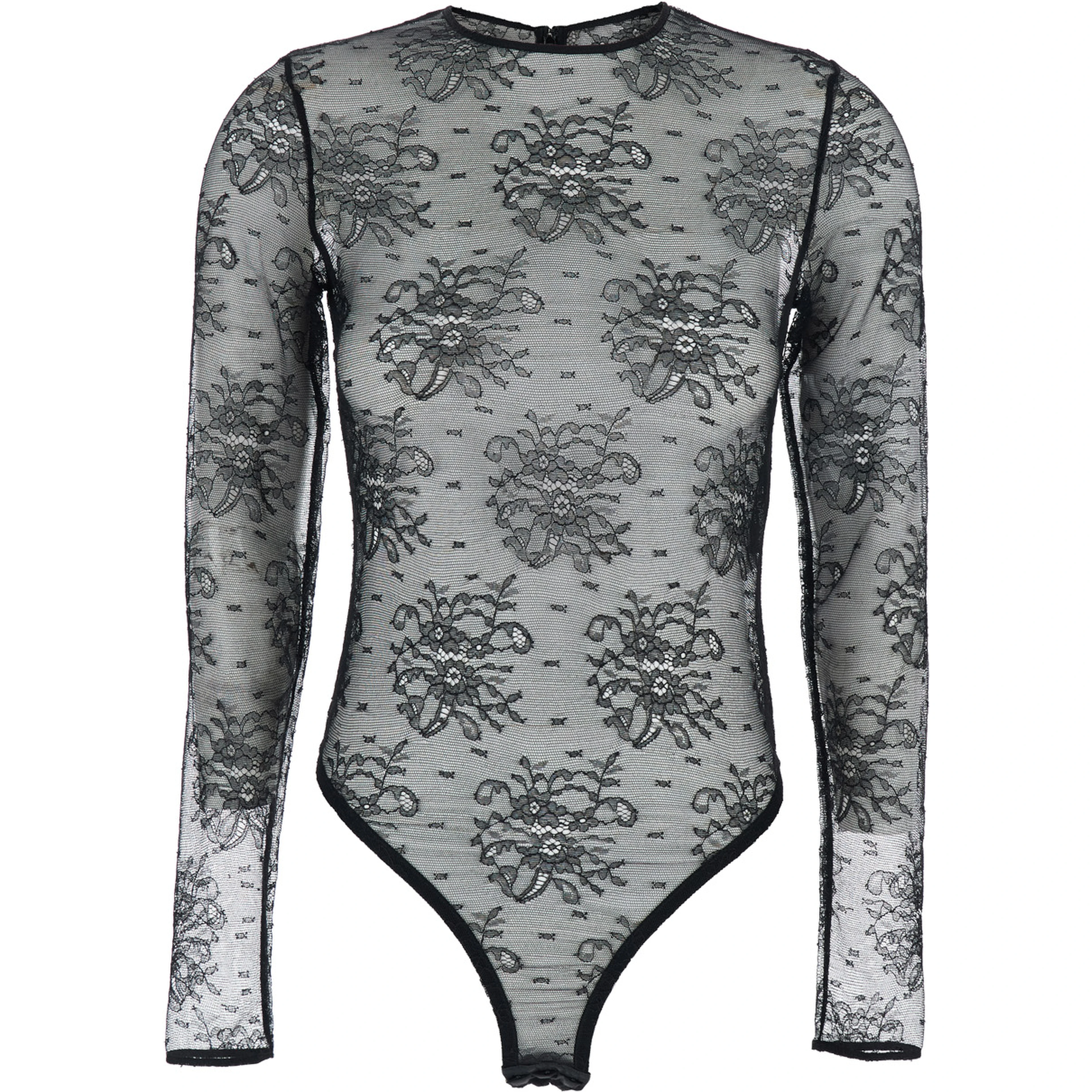 Black Bodysuit with All-Over Floral Embroidery and Semi-Sheer Design in Stretch Tech Fabric Woman