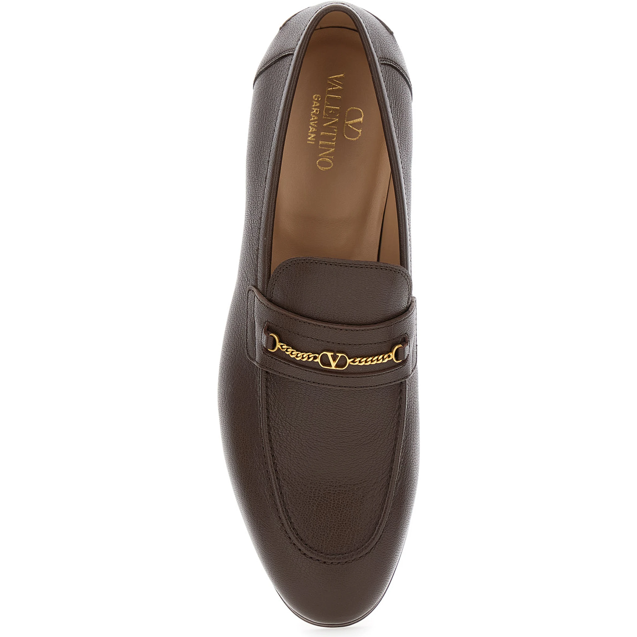 Brown Loafers with Decorative VLogo Chain-Link Strap in Leather Man