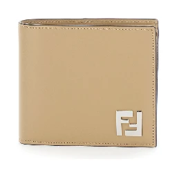 Beige Bi-Fold Wallet with FF Plaque on the Front and FF Motif in Leather Man