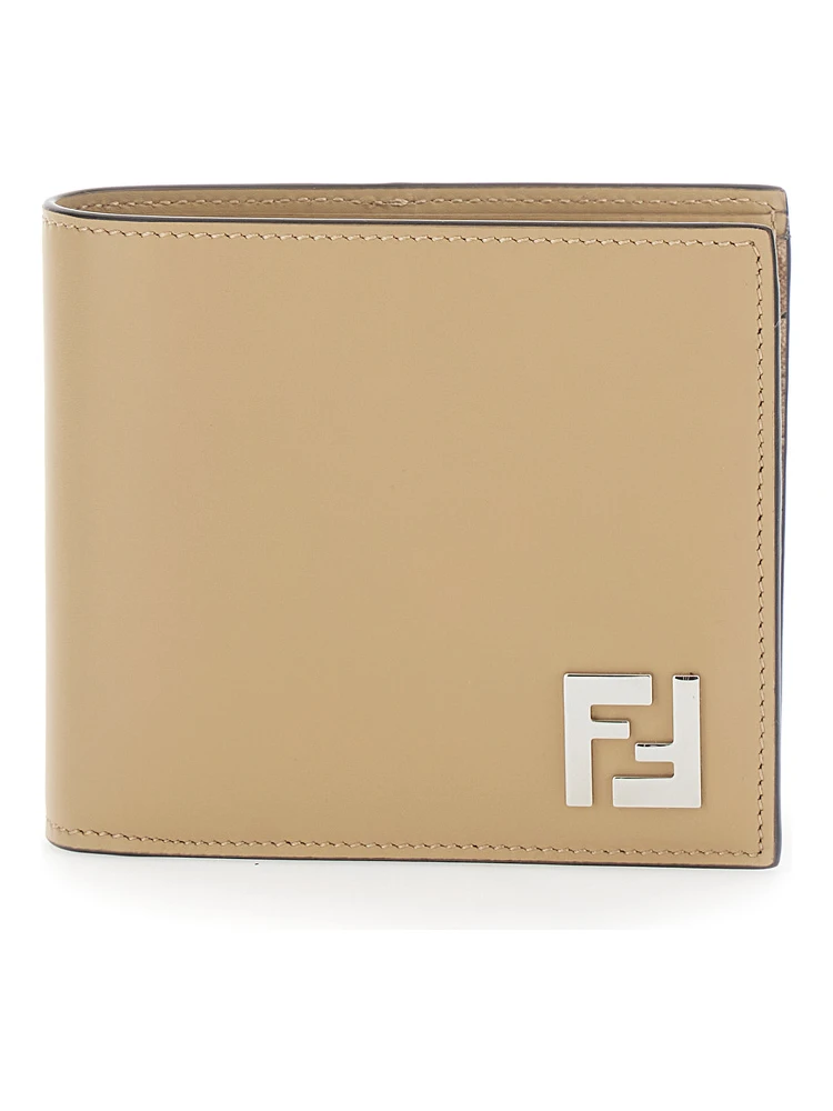 Beige Bi-Fold Wallet with FF Plaque on the Front and FF Motif in Leather Man