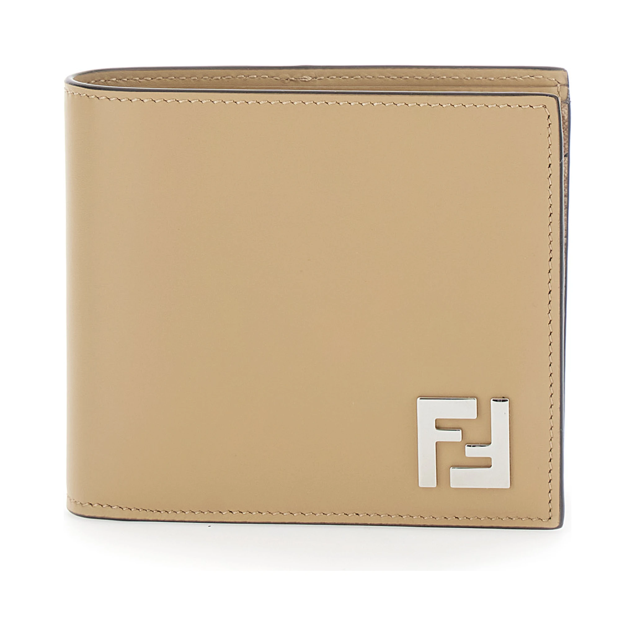 Beige Bi-Fold Wallet with FF Plaque on the Front and FF Motif in Leather Man