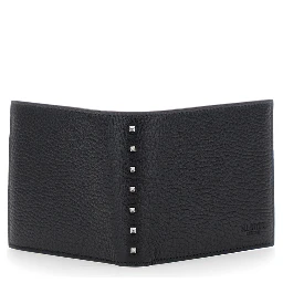 Black Bi-Fold Wallet with Rockstud Details in Grained Leather Man