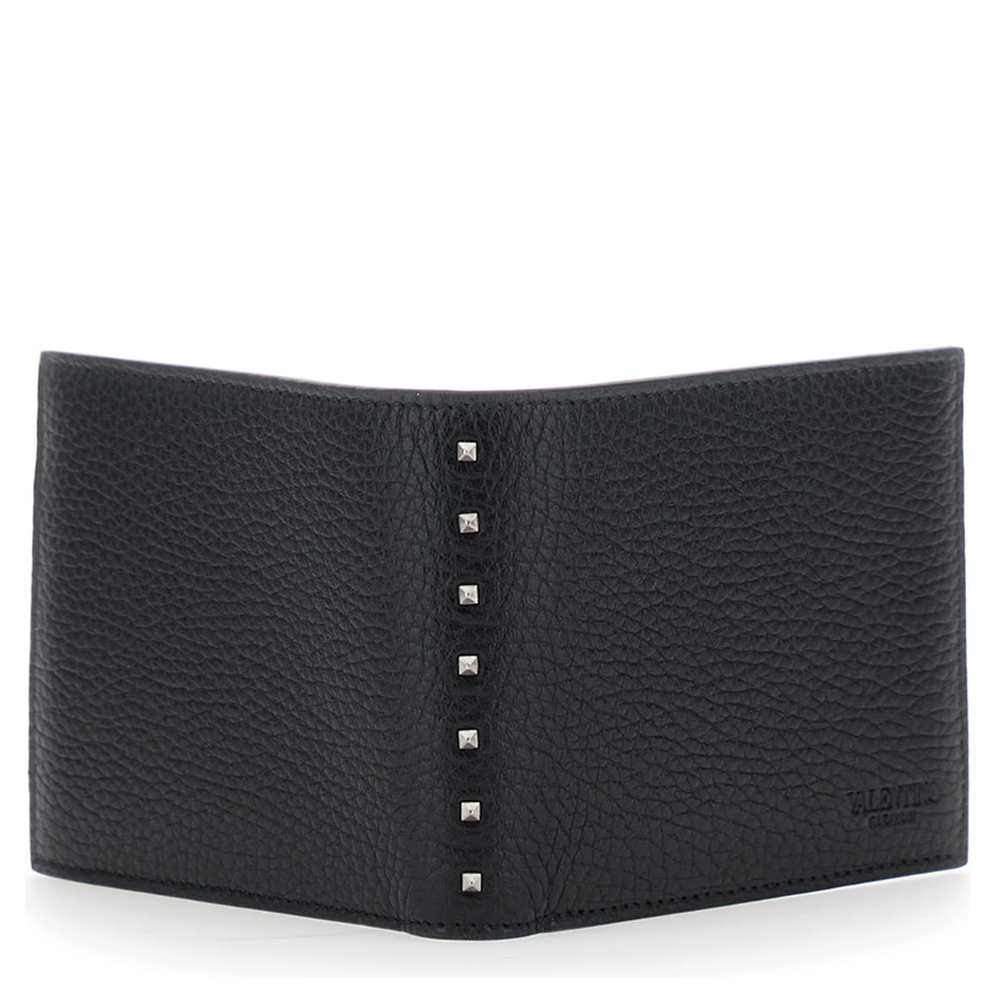 Black Bi-Fold Wallet with Rockstud Details in Grained Leather Man