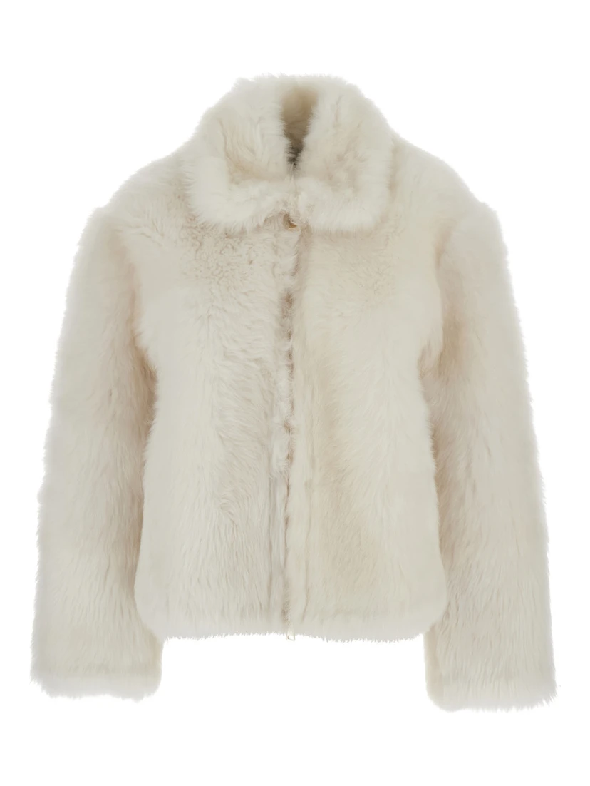 White Fur Coat with Classic Collar in Fur Woman