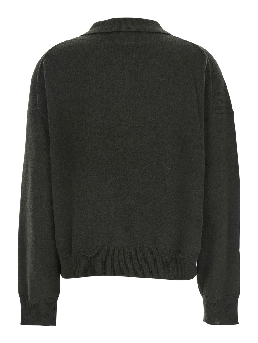 Green Polo Shirt with Classic Collar and Ribbed Trims in Wool Woman