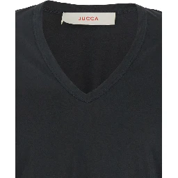 Black T-shirt with Wide V-Neck and Short Sleeves in Cotton Woman